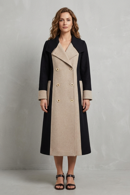 Clara – Wełniany płaszcz w kontrastowych kolorach – Elegancki płaszcz w stylu Hepburn