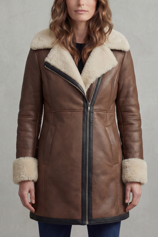 Elisara – Kołnierz shearling – Skórzany płaszcz zimowy