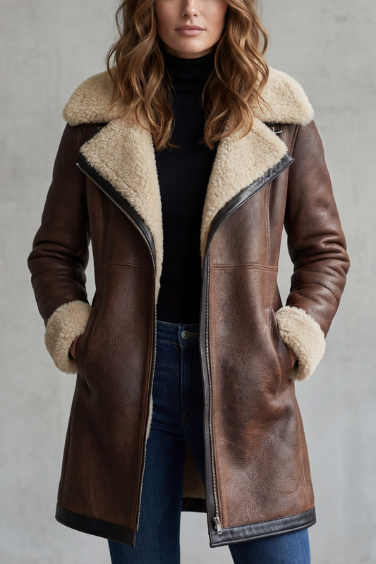 Everlyn – Elegancja z wykończeniem shearling – Płaszcz skórzany
