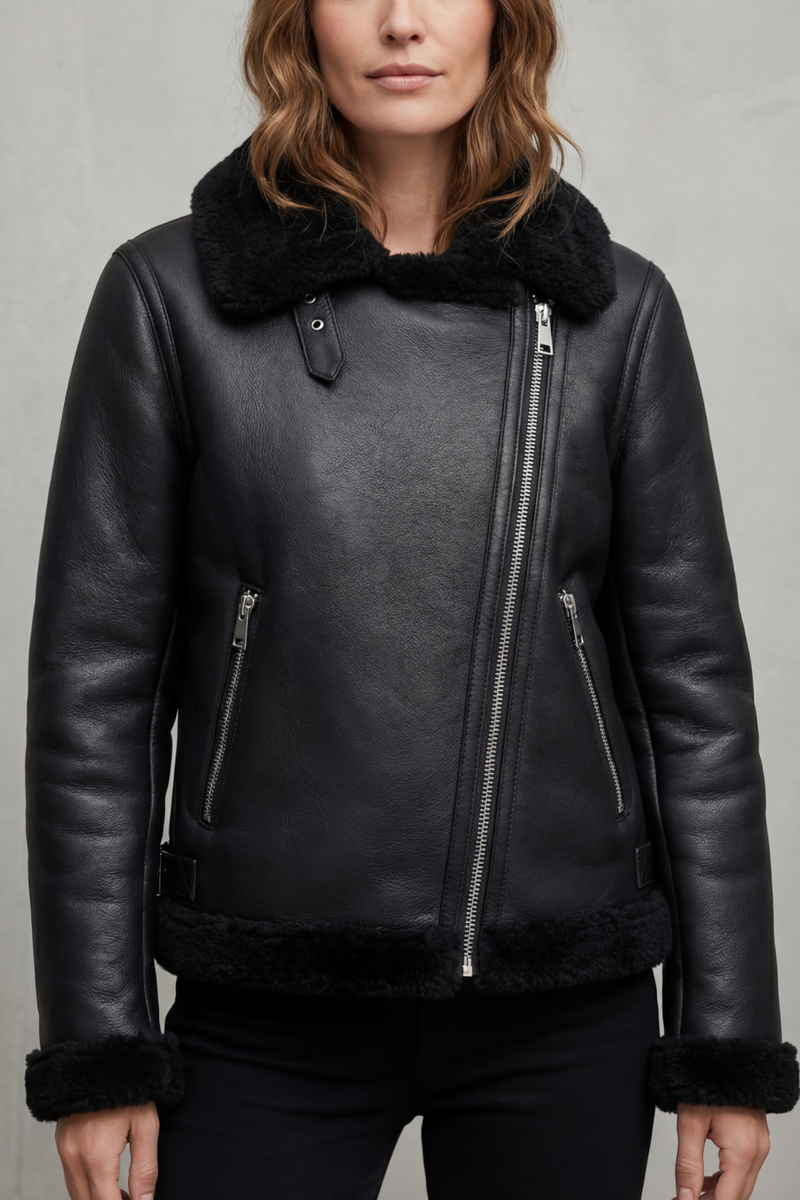 Noirellé – Asymetryczny zamek – Ramoneska z wykończeniem shearling