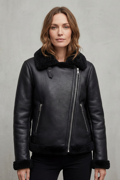 Noirellé – Asymetryczny zamek – Ramoneska z wykończeniem shearling