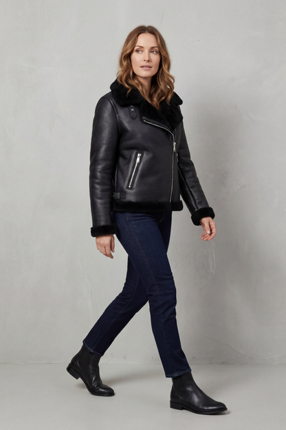 Noirellé – Asymetryczny zamek – Ramoneska z wykończeniem shearling