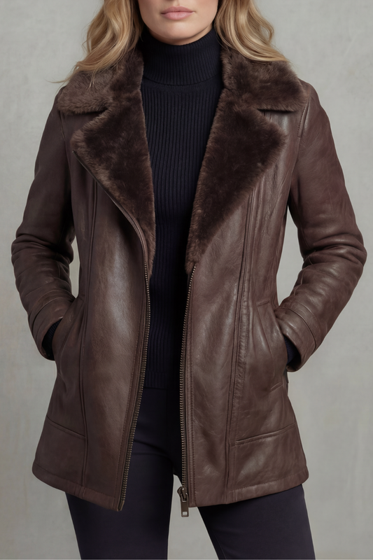 Ravella – Elegancja z wykończeniem shearling – Kurtka skórzana